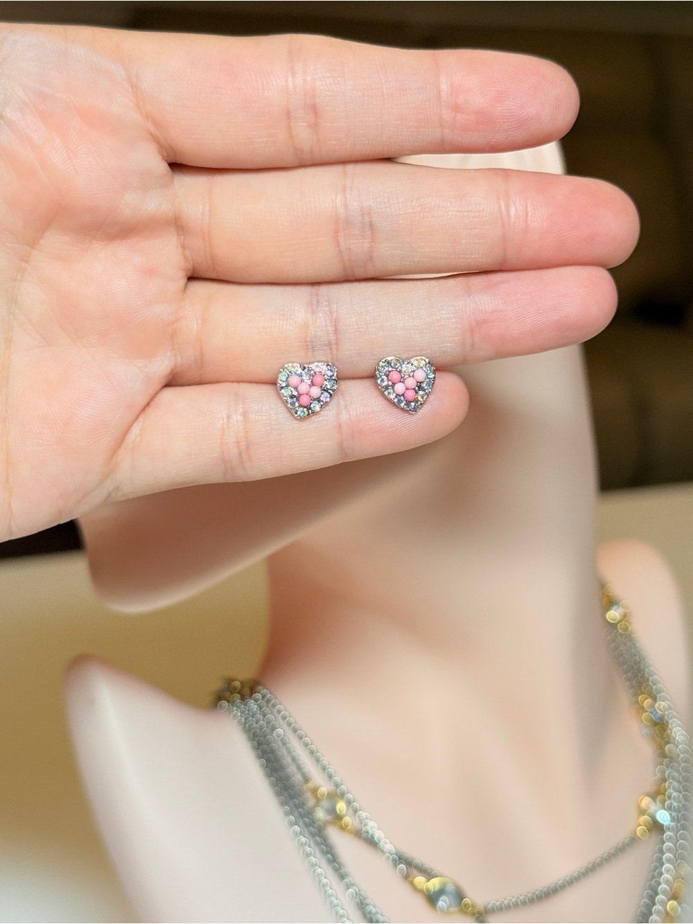Heart-Shaped Pink Crystal and Beads Stud Earrings - Women Jewelry